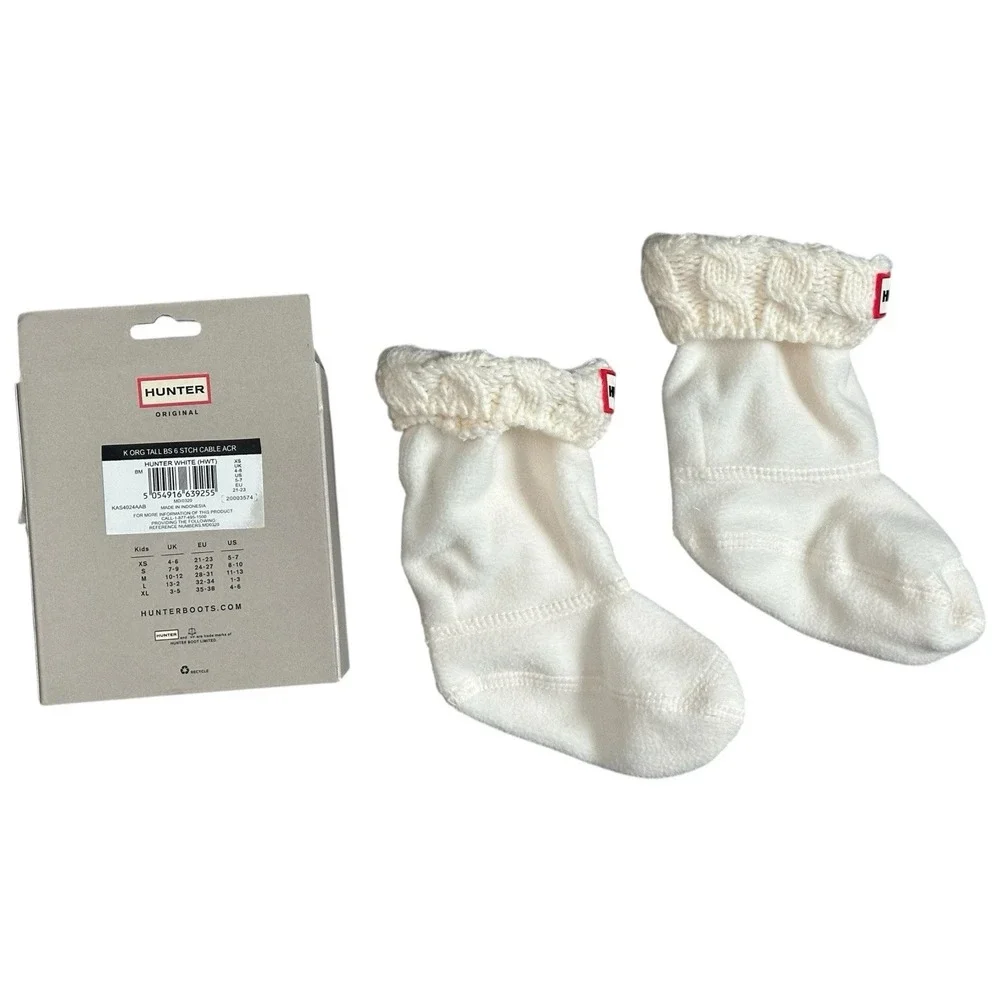 HUNTER Kids Original Cable‎ Knit Cuff Welly Fleece Boot Socks White XS